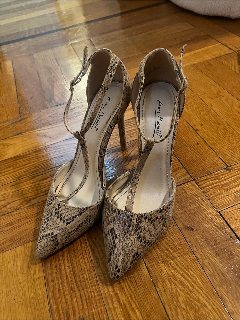 Anne Michelle Beige Snake-Print Pointed Toe T-Strap Heels